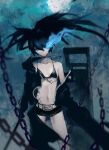  1girl absurdres bangs belt belt_buckle bikini bikini_top_only black_bikini black_choker black_coat black_hair black_rock_shooter black_rock_shooter_(character) black_shorts blue_eyes buckle choker closed_mouth coat collarbone flaming_eye flat_chest floating_hair front-tie_bikini_top front-tie_top frown grey_belt hair_between_eyes highres icy02 long_hair looking_at_viewer navel open_clothes open_coat scar short_shorts shorts solo spaghetti_strap standing strap_gap swimsuit twintails 
