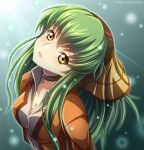  1girl black_choker breasts c.c. choker cleavage code_geass collarbone dress_shirt green_hair grey_shirt head_tilt highres jacket long_hair looking_at_viewer medium_breasts open_clothes open_jacket open_mouth orange_jacket pink_shirt ryusei2u shiny shiny_hair shirt solo twitter_username upper_body watermark yellow_eyes 