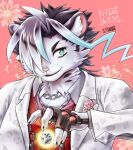  anthro blue_eyes clothing dice felid feline fingerless_gloves fur gloves hair handwear indoman_x jewelry kemono lifewonders live-a-hero male mammal multicolored_hair necklace pantherine reiji snow_leopard solo suit video_games white_body white_fur 