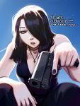  1girl bare_arms black_eyes black_hair black_nails breasts cross cross_necklace english_text gangsta_hold gun hair_over_one_eye highres holding holding_gun holding_weapon jewelry medium_hair necklace nila_(telepurte) open_mouth original solo telepurte trigger_discipline weapon 