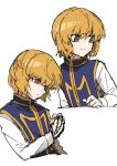  1boy blonde_hair brown_eyes clenched_hand closed_mouth highres hunter_x_hunter kurapika long_sleeves male_focus multiple_views red_eyes sayuwan short_hair simple_background tabard tagme upper_body white_background 