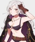  1girl bangs belt belt_buckle bikini breasts brown_belt brown_eyes brown_gloves buckle cleavage cloak collarbone commentary_request fire_emblem fire_emblem_awakening fire_emblem_heroes gloves grey_background highres hood hooded_cloak jewelry long_hair looking_at_viewer medium_breasts navel necklace o-ring o-ring_bikini official_alternate_costume peach11_01 purple_bikini robin_(fire_emblem) robin_(fire_emblem)_(female) simple_background solo stomach swept_bangs swimsuit twintails twitter_username 