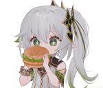 1girl bangs bracelet burger commentary_request detached_sleeves eating food genshin_impact gradient_hair green_eyes grey_hair hair_between_eyes hair_ornament highres holding holding_food jewelry long_hair multicolored_hair nahida_(genshin_impact) pointy_ears short_sleeves side_ponytail sidelocks simple_background solo symbol-shaped_pupils thehprm white_background 
