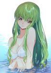  1girl bangs bare_shoulders bikini breasts c.c. closed_mouth code_geass collarbone commentary creayus green_hair head_tilt highres long_hair looking_at_viewer medium_breasts partially_submerged scar scar_on_breasts smile solo swimsuit upper_body water wet wet_hair white_bikini yellow_eyes 