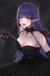  1girl absurdres akuma_nihmune alcohol artist_name bat_wings black_dress black_gloves black_nails breasts cleavage commentary cup demon_horns dress drinking_glass earrings elbow_gloves english_commentary facial_tattoo fangs fingerless_gloves gloves heart heart_tattoo highres holding holding_cup horns indie_virtual_youtuber jewelry large_breasts long_hair looking_at_viewer mole mole_under_eye nail_polish open_mouth pointy_ears purple_hair red_eyes single_earring tattoo vampire virtual_youtuber wine wine_glass wings yiotaart 