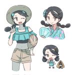  1girl ;d alternate_costume bare_shoulders black_hair brown_eyes brown_shorts candice_(pokemon) collarbone commentary_request hair_ornament hairclip hand_up hat highres holding holding_pokemon japanese_clothes k_imchae kimono korean_commentary long_hair multi-tied_hair multiple_views one_eye_closed open_mouth pokemon pokemon_(creature) pokemon_(game) pokemon_dppt shorts smile snorunt swinub twintails w 