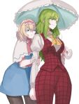  2girls alice_margatroid alternate_eye_color ascot behind_another blonde_hair blue_dress blue_eyes breasts capelet collared_shirt cropped_legs dress frilled_ascot frilled_dress frilled_hairband frills green_hair hairband highres holding holding_another&#039;s_arm kazami_yuuka kazami_yuuka_(pc-98) large_breasts lolita_hairband long_sleeves looking_at_another looking_away medium_hair multiple_girls pants pantyhose parasol plaid plaid_pants plaid_vest puffy_long_sleeves puffy_sleeves red_ascot red_hairband red_vest shirt short_hair simple_background standing tohoyuukarin touhou touhou_(pc-98) umbrella undershirt vest wavy_hair white_background white_capelet white_shirt yellow_ascot yellow_eyes 