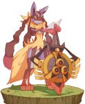  1other aegislash alternate_color closed_mouth cracked_floor frown furry grass highres looking_to_the_side lucario pokemon pokemon_(creature) red_eyes sally_(luna-arts) shiny_pokemon signature spikes standing yellow_fur 