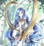  1girl :d armor bangs blue_hair breasts dana_(ys) day dual_wielding faulds floating_hair forest green_eyes hair_between_eyes hair_ribbon highres holding holding_weapon kai_(pixiv) long_hair nature open_mouth outdoors ribbon see-through see-through_sleeves shiny shiny_hair small_breasts smile solo standing twintails underboob very_long_hair weapon white_ribbon ys ys_viii_lacrimosa_of_dana 