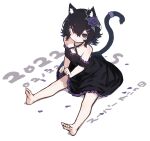  1girl animal_ears bare_shoulders barefoot black_dress black_hair cat_ears cat_girl cat_tail dated dress feet flower frilled_dress frills hair_flower hair_ornament highres looking_at_viewer off-shoulder_dress off_shoulder original short_hair sitting skirt_hold soles tail toes zizi_niisan 