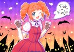  absurdres bat_(animal) blue_eyes blush claw_pose dress fang fingerless_gloves gloves halloween highres idolmaster idolmaster_(classic) my_dear_vampire_(idolmaster) nail_polish one_eye_closed open_mouth orange_hair red_dress sizmaru11 smile star_(symbol) takatsuki_yayoi trick_or_treat 