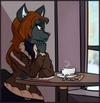  anthro bottomwear canid canine canis clothed clothing coat cocoa_(drink) container cup cutlery digital_media_(artwork) female fur hair hi_res hot_drink humanoid kitchen_utensils lipstick makeup mammal marshbreeze menu napkin simple_background skirt smile snow solo spoon standing steam tools topwear window wolf 
