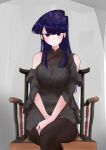  1girl bangs bare_shoulders black_dress black_pantyhose blush breasts chair china_dress chinese_clothes closed_mouth crossed_legs dress expressionless floral_print grey_background highres kajino_(aosansai) komi-san_wa_komyushou_desu komi_shouko large_breasts long_hair looking_at_viewer on_chair pantyhose print_dress purple_eyes purple_hair simple_background sitting solo v_arms 