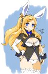  1girl animal_ears blonde_hair blue_eyes breasts character_request cleavage closed_mouth long_hair looking_at_viewer mota navel panties rabbit_ears smile solo thighhighs underwear 