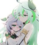  2girls bangs commentary detached_sleeves eyes_visible_through_hair genshin_impact gradient_hair green_eyes grey_hair hair_between_eyes hair_ornament highres hug kohau1410 long_hair long_sleeves looking_at_another multicolored_hair multiple_girls nahida_(genshin_impact) pointy_ears rukkhadevata_(genshin_impact) short_sleeves side_ponytail sidelocks simple_background spoilers streaked_hair symbol-shaped_pupils trait_connection two-tone_hair white_background 