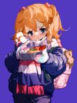  1girl absurdres backpack bag bento blue_background blue_eyes blush child evangelion:_3.0+1.0_thrice_upon_a_time female_child food gloves grandia_lee highres keychain neon_genesis_evangelion orange_hair rebuild_of_evangelion simple_background solo souryuu_asuka_langley 