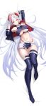  1girl absurdres azur_lane belt boots breasts checkered_flag clothing_cutout cropped_shirt earpiece flag full_body headgear highres jacket large_breasts long_hair looking_at_viewer lying multicolored_hair navel official_alternate_costume on_back panties panty_straps prinz_eugen_(azur_lane) prinz_eugen_(final_lap)_(azur_lane) purple_footwear purple_jacket race_queen red_hair red_panties solo song-hwaryeong streaked_hair thigh_boots two-tone_hair two-tone_skirt underboob underboob_cutout underwear very_long_hair white_belt white_hair yellow_eyes 