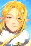  1girl artist_name bangs blonde_hair close-up eorinamo green_eyes hair_ornament hairclip highres light_smile long_hair looking_at_viewer outdoors parted_bangs pointy_ears princess_zelda smile solo the_legend_of_zelda the_legend_of_zelda:_breath_of_the_wild triforce upper_body 
