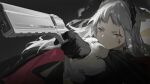  arknights artist_request black_background black_gloves gloves grey_eyes grey_hair gun handcannon highres holding holding_gun holding_weapon irene_(arknights) light_frown long_sleeves official_art pointing_gun puffy_sleeves scar scar_across_eye serious simple_background weapon 