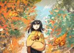  1girl :o autumn bag black_hair brown_eyes crossed_arms facing_viewer highres leaf looking_up medium_hair open_mouth original outdoors scenery shoulder_bag solo sweater tsushima_sora yellow_sweater 