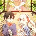  1boy 1girl apron bangs black_hair blue_dress collared_shirt dress falling_petals flower foliage frilled_apron frills garden gradient_eyes grey_shirt hair_behind_ear hair_between_eyes hair_ornament hair_ribbon hairband hetero holding holding_flower kagerou_project kozakura_marry leaf long_hair looking_at_another mekakucity_actors multicolored_eyes open_mouth own_hands_together parted_bangs petals pink_dress pink_eyes pink_hairband pink_ribbon red_eyes red_flower ribbon seto_kousuke shirt short_hair short_sleeves smile smilepanda_(lapin) souzou_forest_(vocaloid) teeth too_many_flowers upper_body upper_teeth white_apron white_flower white_hair window yellow_eyes yellow_flower 