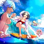  4girls absurdres akroglam aorta_(akroglam) bikini blonde_hair blue_eyes blue_hair bracelet crossover dark_skin denonbu eno_(akroglam) green_eyes grey_hair haijima_ginka highres jewelry legs long_sleeves makeup multiple_girls nail_polish natsuharu ocean official_art one-piece_swimsuit open_mouth shirokane_aki short_hair smile surfboard surfing swimsuit toes waves 