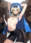  3boys adapted_costume arched_back arms_behind_head arms_up bangs bike_shorts black_shorts blonde_hair blue_eyes blurry blurry_background blush bridget_(guilty_gear) bulge commentary_request crossdressing dark-skinned_male dark_skin eyelashes guilty_gear guilty_gear_xx habit head_out_of_frame kisuu large_areolae looking_at_viewer male_focus mars_symbol multiple_boys navel neck_ribbon nipples open_mouth otoko_no_ko puffy_nipples ribbon shiny shiny_clothes shiny_skin shorts swept_bangs thighs toned toned_male 