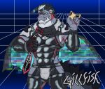  abs anthro bodysuit clothing dragon dragon94fish giansar glitch horn knife lifewonders live-a-hero male muscular muscular_anthro muscular_male pecs scar science_fiction skinsuit solo supervillain tight_clothing video_games 