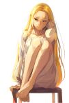  1girl bangs barefoot blonde_hair breasts chair collarbone crying dress eorinamo feet full_body green_eyes half-closed_eyes hand_in_own_hair highres long_hair long_sleeves looking_to_the_side medium_breasts parted_bangs pointy_ears princess_zelda puffy_long_sleeves puffy_sleeves sad sitting solo tears the_legend_of_zelda the_legend_of_zelda:_breath_of_the_wild toes white_background white_dress 
