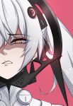  absurdres bodysuit cross-shaped_pupils disgust floating floating_object grey_hair hair_between_eyes headgear highres long_hair luna_(punishing:_gray_raven) lzypoipoi open_mouth orange_eyes punishing:_gray_raven purple_background twintails white_bodysuit 