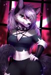  2022 absurd_res anthro bloominglynx bottomwear canid canid_demon canine canis clothing collar demon digital_media_(artwork) female hand_on_hip hellhound helluva_boss hi_res loona_(helluva_boss) mammal shorts smile solo spiked_collar spikes wolf 