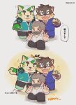  anthro bandanna blush canid canine canis domestic_dog duo fur green_body green_fur grey_body grey_fur group headphones headphones_around_neck hi_res human igarashi_ta kerchief lifewonders live-a-hero male mammal mascot_costume mokdai moritaka pawpads scar tokyo_afterschool_summoners trio video_games 