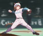  1girl :t alternate_costume animal_ears aqua_eyes artist_name ball bangs baseball baseball_mitt baseball_stadium baseball_uniform belt blurry blurry_background brown_hair cheval_grand_(umamusume) commentary_request cosplay ears_through_headwear full_body grey_hair hat highres holding holding_ball horse_ears horse_girl horse_tail layered_sleeves long_sleeves motion_blur mukakin multicolored_hair outdoors pants peaked_cap pinstripe_pattern pitcher&#039;s_mound pitching sasaki_kazuhiro sasaki_kazuhiro_(cosplay) short_hair short_over_long_sleeves short_sleeves sidelocks solo sportswear streaked_hair striped tail two-tone_hair umamusume yokohama_dena_baystars 