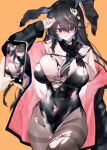  animal_ears arm_up black_hair black_scarf breast_strap breasts bunny_day cellphone cellphone_picture covered_navel highres ichini_(aaaraaaaaaaaa) jacket large_breasts navel open_clothes open_jacket pantyhose phone playboy_bunny purple_eyes rabbit_ears scarf thighs torn_pantyhose wide_hips 