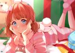  1girl ahoge blue_eyes blush bow box brown_hair feet_up gift gift_box hair_bow hands_on_own_cheeks hands_on_own_face head_rest idolmaster idolmaster_million_live! indoors looking_at_viewer lying nira_(vira) on_stomach pajamas pink_pajamas pink_socks rabbit_tail short_twintails smile socks solo striped striped_pajamas stuffed_animal stuffed_toy suou_momoko tail teddy_bear twintails 