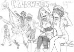  2girls 4boys :d animal_collar arm_up bakugou_katsuki blank_eyes blazer blood blood_on_clothes blood_on_dress blood_on_face boku_no_hero_academia boots capelet claw_pose collar commentary cosplay dated dress english_text frankenstein&#039;s_monster frankenstein&#039;s_monster_(cosplay) graphite_(medium) greyscale halloween halloween_costume hat high_collar highres hood hooded_capelet horikoshi_kouhei jacket jirou_kyouka kirishima_eijirou leash little_red_riding_hood_(grimm) little_red_riding_hood_(grimm)_(cosplay) looking_at_another looking_at_viewer medium_dress midoriya_izuku monochrome multiple_boys multiple_girls muzzle nurse nurse_cap open_mouth original pants pantyhose pyramid_head shinsou_hitoshi shirt short_dress short_hair short_sleeves shorts side-by-side sitting smile standing torn_clothes torn_shirt torn_shorts traditional_media translated uraraka_ochako 