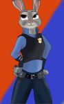  2016 anthro belt clothed clothing disney ears_up female fur hand_on_hip hi_res jimfoxx judy_hopps lagomorph leporid looking_away looking_up mammal mouth_closed police police_badge police_uniform rabbit signature smile solo standing uniform wide_eyed zootopia 