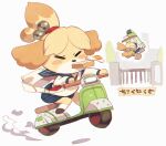  2015 alternate_costume animal_crossing anthro bag bread canid canine canis chromatic_aberration clothed clothing domestic_dog egg eyes_closed female food fur ground_vehicle isabelle_(animal_crossing) japanese_text kemono mammal mario_bros mario_kart motor_vehicle multicolored_body multicolored_fur multiple_images nintendo rikose school_uniform scooter shih_tzu simple_background text toast toy_dog two_tone_body two_tone_fur uniform video_games white_background 