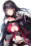  1girl bandaged_arm bandages black_choker black_hair breasts choker cleavage closed_mouth highres long_hair looking_at_viewer navel simple_background solo tales_of_(series) tales_of_berseria uzura_(moimoi) velvet_crowe very_long_hair white_background yellow_eyes 