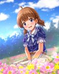  1girl :o ahoge bangs blue_shirt blue_sky blunt_bangs blurry blurry_background blurry_foreground blush brown_hair depth_of_field field flower flower_field highres idolmaster idolmaster_million_live! idolmaster_million_live!_theater_days looking_at_viewer neck_ribbon on_ground outdoors own_hands_together plaid plaid_skirt puffy_short_sleeves puffy_sleeves ribbon rocktaso_co_ltd shirt short_sleeves short_twintails sitting skirt sky solo suou_momoko twintails 