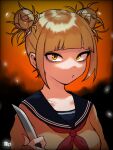  1girl artist_name bags_under_eyes bangs black_background blonde_hair blue_sailor_collar blunt_bangs blurry blurry_background boku_no_hero_academia closed_mouth collarbone commentary double_bun eyeliner hair_bun hair_up highres holding holding_knife knife long_sleeves looking_at_viewer makeup messy_hair neckerchief orange_background pursed_lips red_neckerchief sailor_collar sanpaku school_uniform serafuku sidelocks sleeves_past_wrists slit_pupils solo sweater toga_himiko tomitacchi upper_body yellow_eyes yellow_sweater 