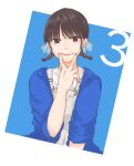  1girl bangs blue_background blue_jacket blue_nails blue_ribbon brown_eyes brown_hair closed_mouth commentary countdown fingernails grey_overalls hair_ribbon hand_up jacket looking_at_viewer low_twintails mole mole_above_mouth nail_polish nigari_(ngari_0115) nomoto_sora open_clothes open_jacket overalls real_life ribbon shirt short_hair short_twintails sleeves_past_elbows sleeves_pushed_up smile solo twintails two-tone_background upper_body v v_over_mouth white_background white_shirt 