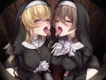  2girls bangs black_dress black_thighhighs blonde_hair breasts brown_hair closed_eyes confessional cross cross_necklace cupping_hands dress garter_straps glory_hole green_eyes habit hair_between_eyes half-closed_eyes jewelry kurofude_anna large_breasts looking_at_viewer multiple_girls necklace nun open_mouth oral_invitation original own_hands_clasped own_hands_together saliva skindentation thighhighs thighs tongue tongue_out 