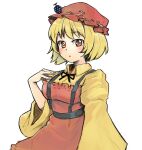  1girl aki_minoriko apron blonde_hair collared_shirt food-themed_hat_ornament fruit_hat_ornament ginnkei grape_hat_ornament hat hat_ornament long_sleeves mob_cap parted_lips red_apron red_eyes red_headwear shirt short_hair simple_background solo touhou white_background wide_sleeves yellow_shirt 
