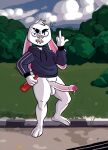  absurd_res alcohol anthro balls beverage clothed clothing crayzee609 detailed_background drunk erection foreskin genitals gesture gopnik hi_res hoodie humanoid_genitalia humanoid_penis lagomorph leporid long_penis looking_at_viewer male mammal middle_finger outside partially_clothed penis rabbit sergay_(avioylin) solo standing substance_intoxication topwear 