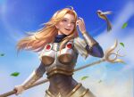  1girl absurdres ahoge animal armor bird blonde_hair blue_eyes blue_sky breastplate hairband highres holding holding_staff jing_zhou leaf league_of_legends lens_flare long_hair long_sleeves looking_at_animal lux_(league_of_legends) open_mouth see-through sky smile solo staff teeth upper_body wind 