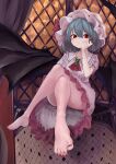  1girl absurdres ascot barefoot bat_wings brooch curtains feet hat highres jewelry mob_cap nail_polish r_utchi red_eyes red_nails remilia_scarlet sitting solo toenail_polish toenails touhou window wings 