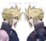  1boy aiz00 aqua_eyes armor blonde_hair blue_eyes blue_shirt character_name cloud_strife dated earrings expressionless final_fantasy final_fantasy_vii final_fantasy_vii_remake hair_between_eyes jewelry looking_at_another male_focus multiple_views profile shirt short_hair shoulder_armor single_bare_shoulder single_earring sleeveless sleeveless_turtleneck smile spiked_hair suspenders turtleneck twitter_username upper_body 