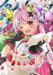  1girl ;d black_gloves blurry blurry_foreground blush braid cake center_frills commentary_request confetti depth_of_field fang food food_on_face frills fruit gloves hair_ornament hairclip hands_up happy_birthday head_tilt highres holding holding_food indie_virtual_youtuber long_hair looking_at_viewer multicolored_hair natsume_eri one_eye_closed pastry_bag pink_hair puffy_short_sleeves puffy_sleeves rabbit_hair_ornament red_eyes red_hair shirt short_eyebrows short_sleeves smile solo star_(symbol) star_balloon star_hair_ornament strawberry streaked_hair streamers thick_eyebrows tomari_mari upper_body very_long_hair virtual_youtuber whipped_cream white_shirt x_hair_ornament 