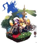  1girl :d absurdres android bangs beret black_shorts capelet closed_mouth commentary_request crane_(machine) flower grass hair_between_eyes hat highres holding holding_flower knees_up kyosuke1413koba looking_at_viewer low_twintails orange_eyes overalls poppi_(xenoblade) puffy_shorts purple_hair red_capelet short_shorts short_twintails shorts signature simple_background sitting smile tora_(xenoblade_2) tree twintails white_background white_flower white_headwear xenoblade_chronicles_(series) xenoblade_chronicles_2 